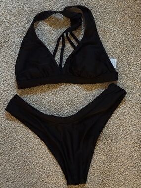 Black Strappy Halter Bikini Set